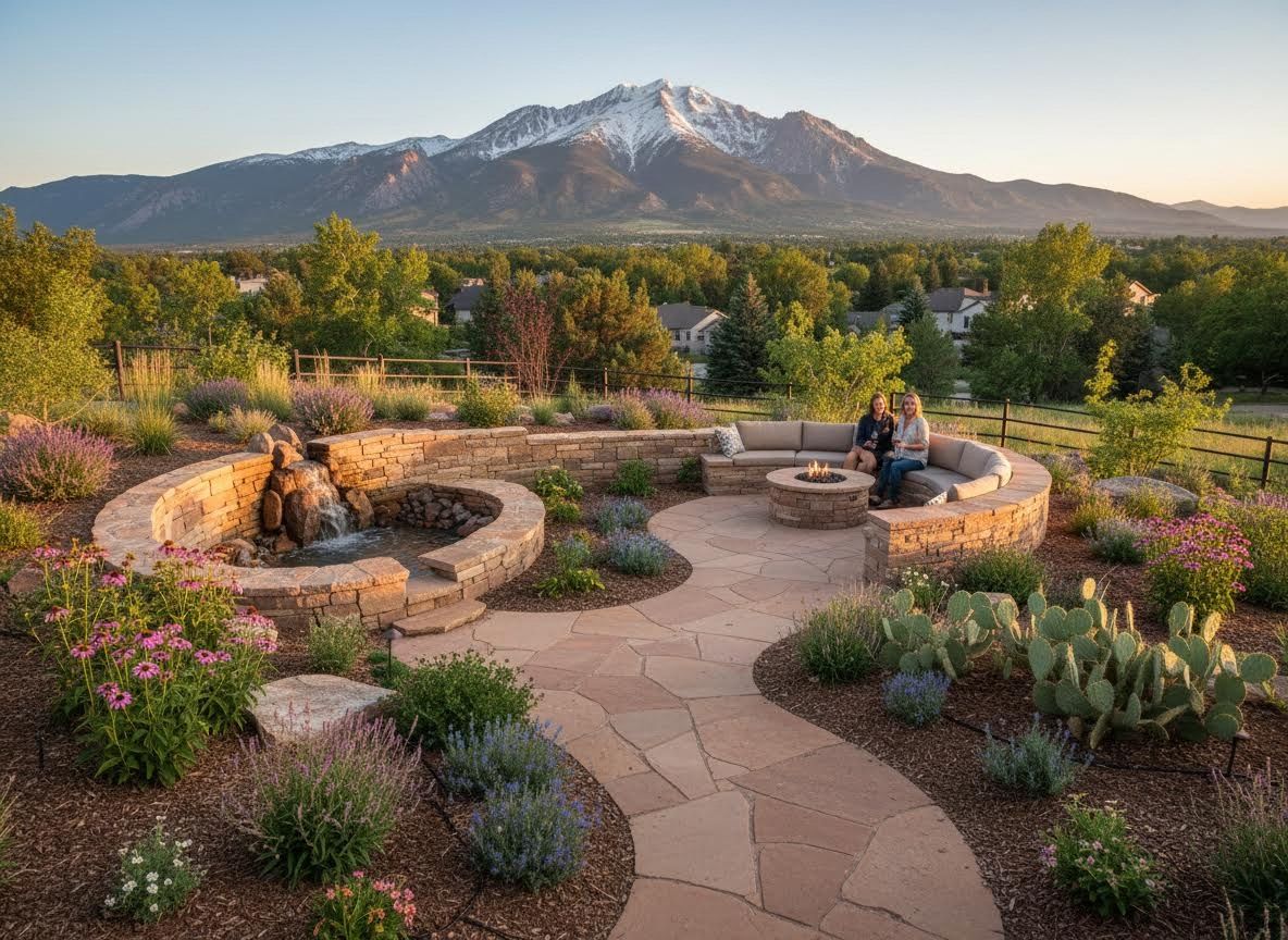 A luxurious backyard patio featuring a stone fire pit, waterfall, and seating, with two women enjoying the view of snow-capped mountains. Landscaped Patio with Fire Pit and Waterfall