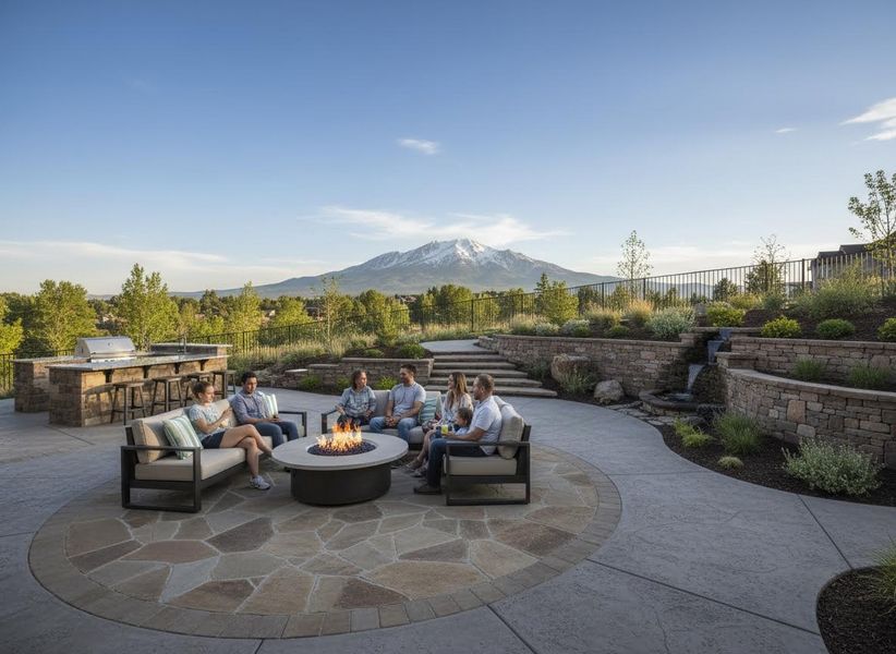 People relaxing on a large patio with a fire pit, outdoor kitchen, waterfall, and a stunning snow-capped mountain backdrop. Spacious outdoor patio with fire pit, kitchen, and mountain view