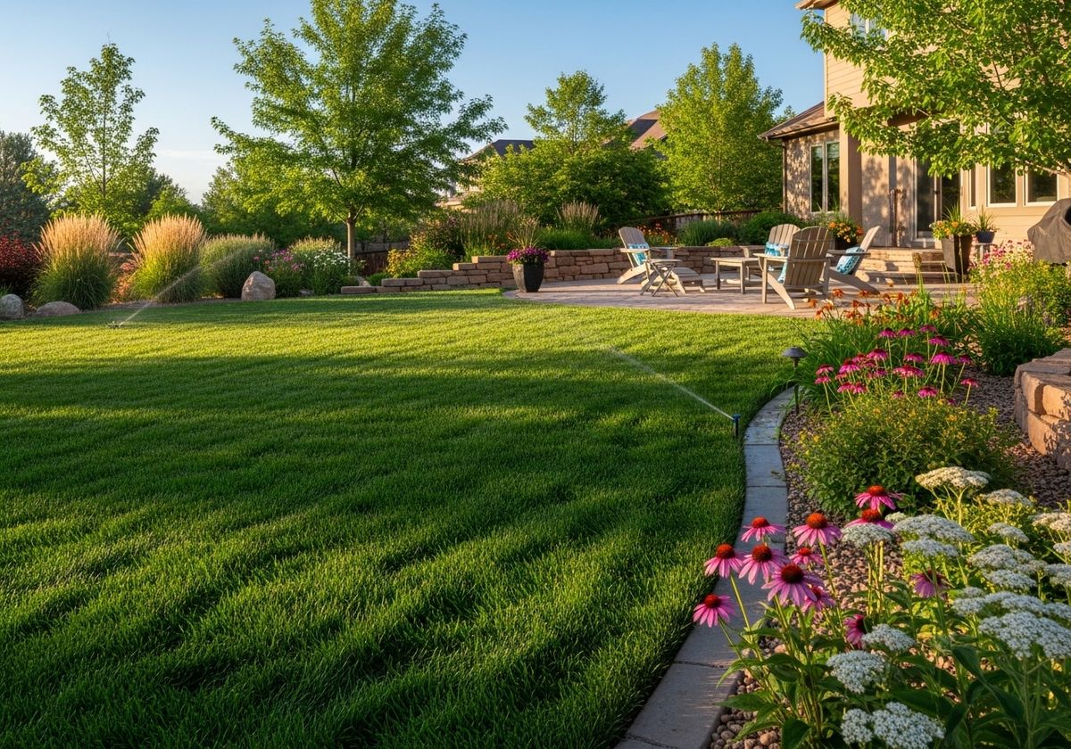 Lush backyard with patio furniture and sprinkler system