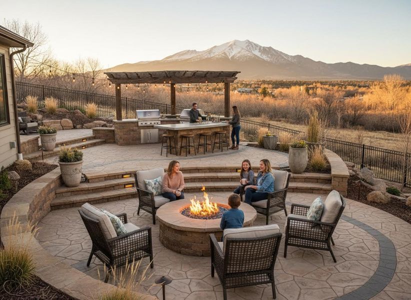Family and friends relax on a spacious patio with a fire pit and outdoor kitchen, overlooking a valley and snow-capped mountains at sunset. Expansive Outdoor Living Area with Fire Pit, Kitchen, and Mountain Backdrop
