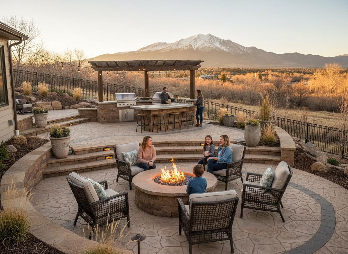 Expansive Outdoor Living Area with Fire Pit, Kitchen, and Mountain Backdrop