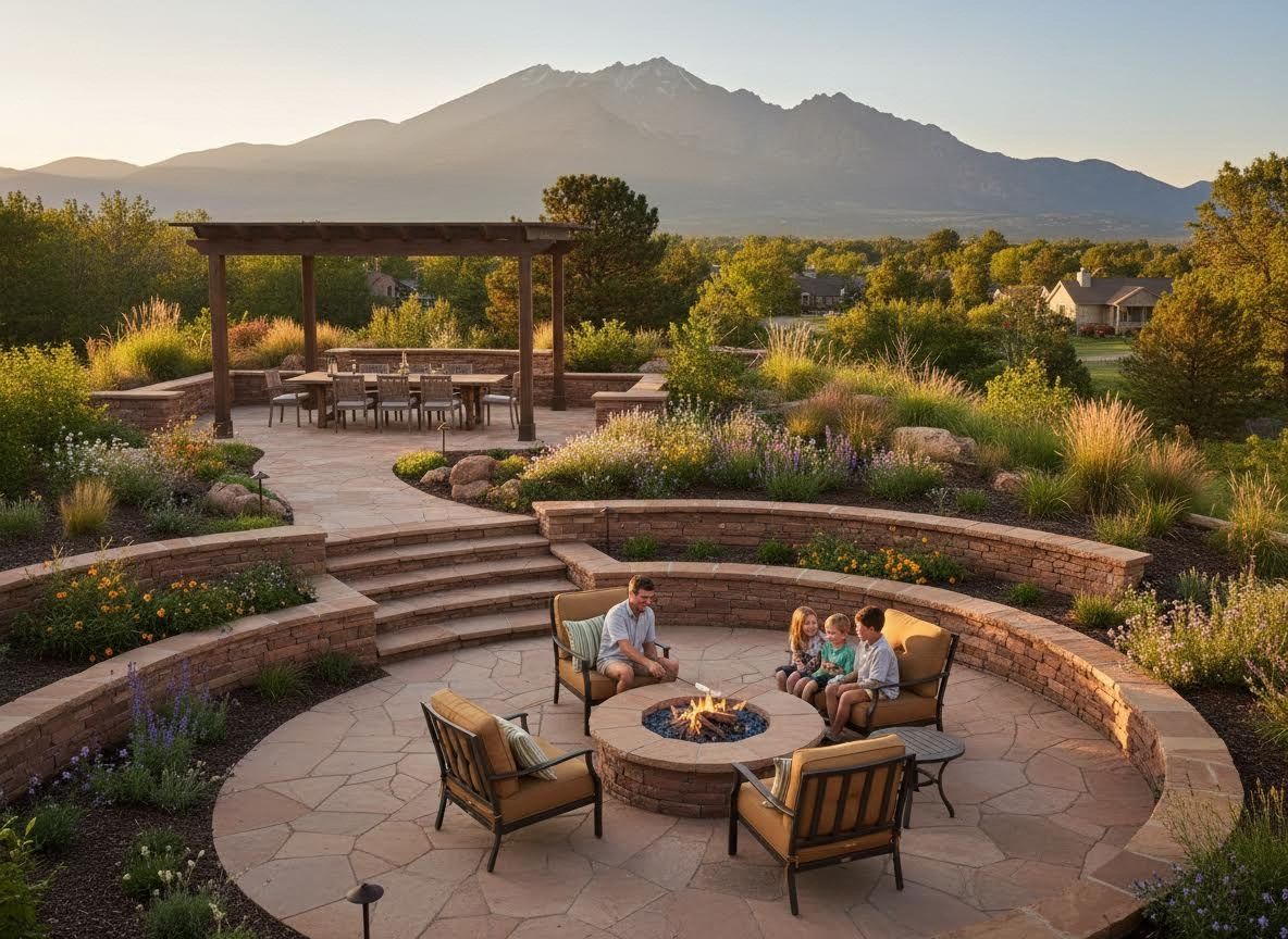Family enjoying fire pit on a terraced patio with mountain view