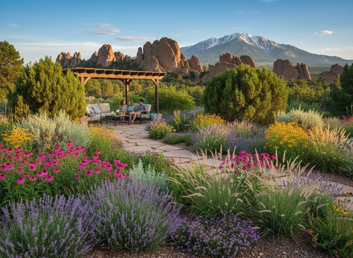 Couple on Garden Patio with Mountain View