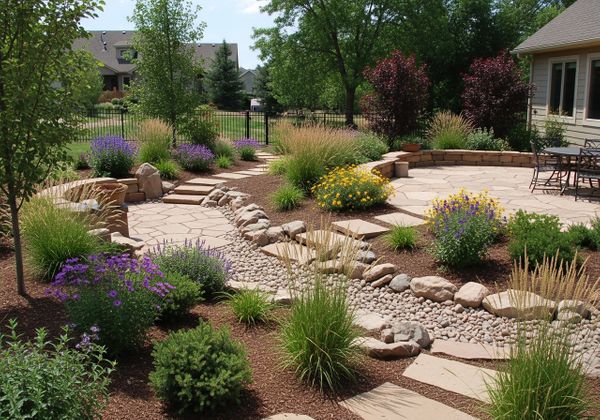 Landscaped Backyard with Stone Patio and Flower Beds