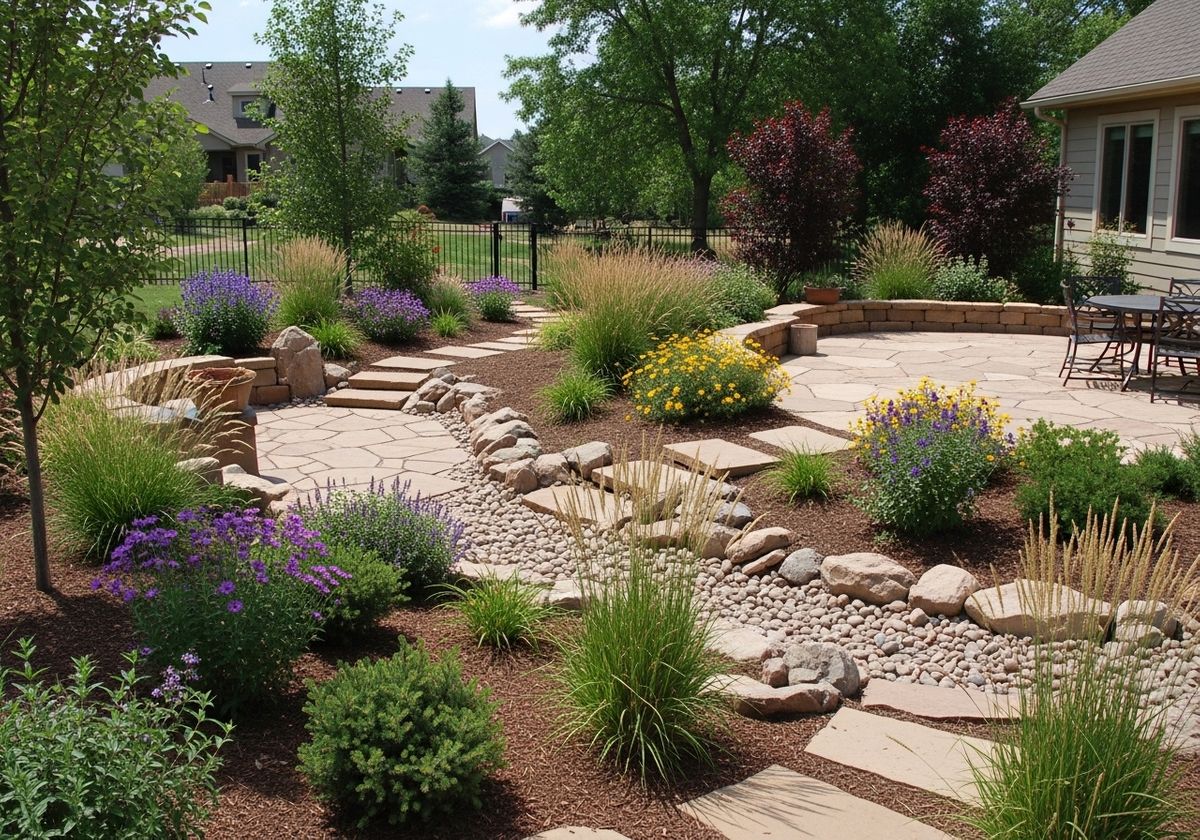 Landscaped Backyard with Stone Patio and Flower Beds