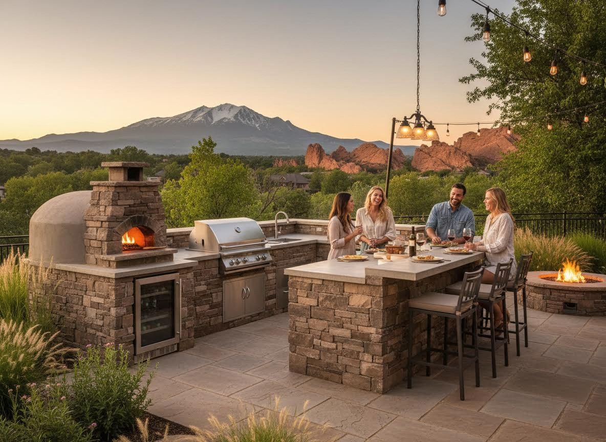 Friends Enjoying Outdoor Kitchen with Mountain Views at Sunset