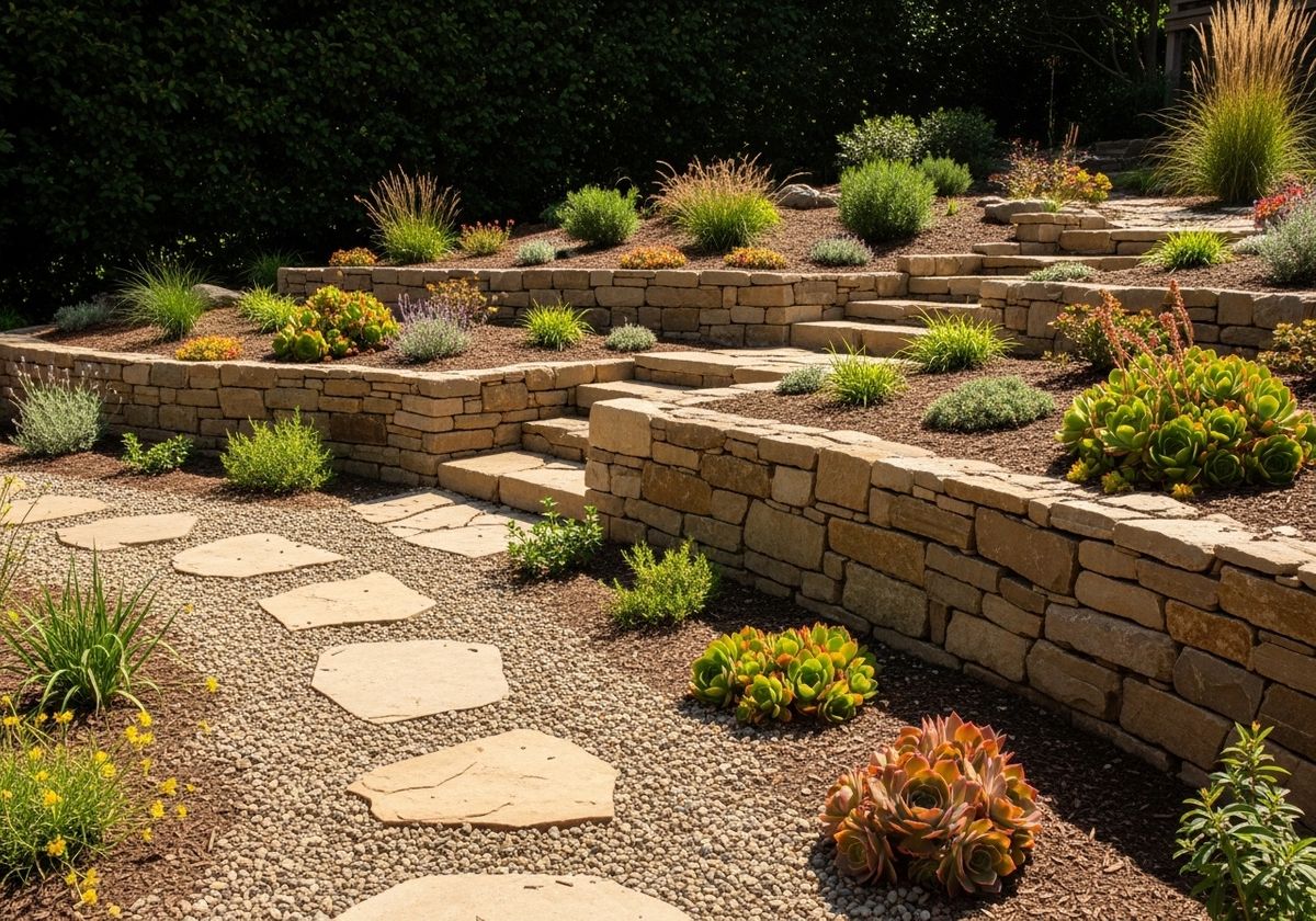 Stone terraced garden with succulent plants and pathway