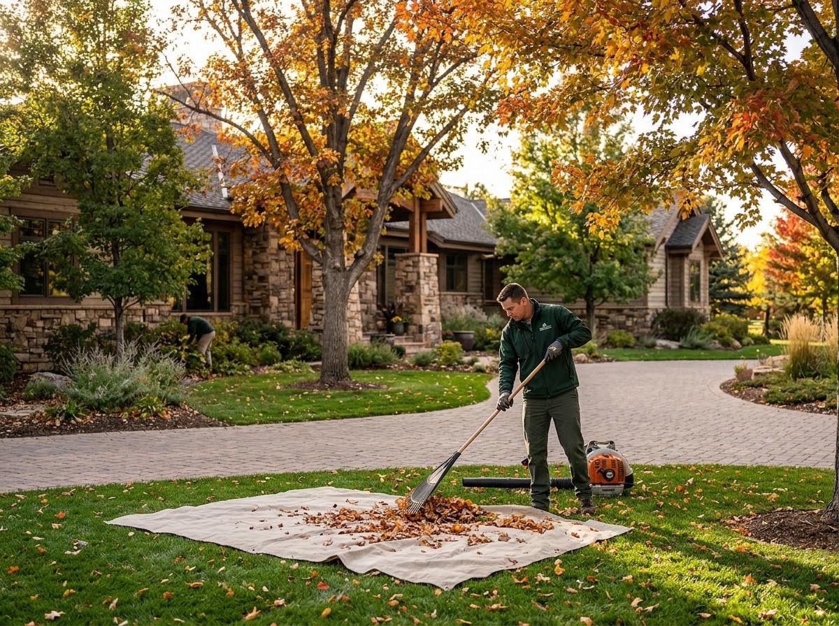 A person in a green jacket raking fall leaves onto a tan tarp on a green lawn, with a large stone house and autumn trees in the background. Landscaper Raking Autumn Leaves