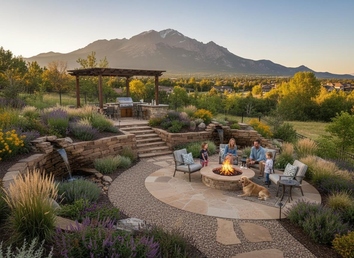 Family by fire pit on a tiered patio with mountain views