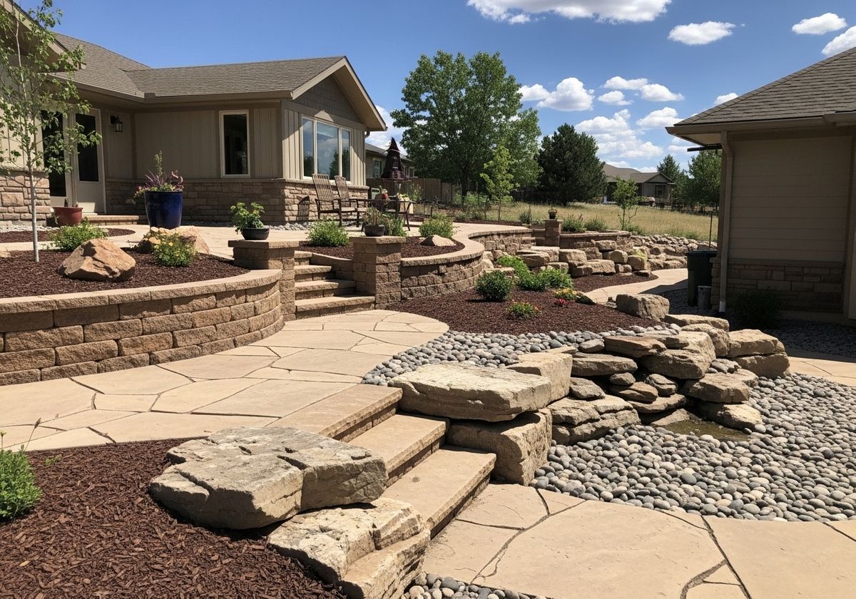 Landscaped Backyard with Stone Steps and Retaining Walls