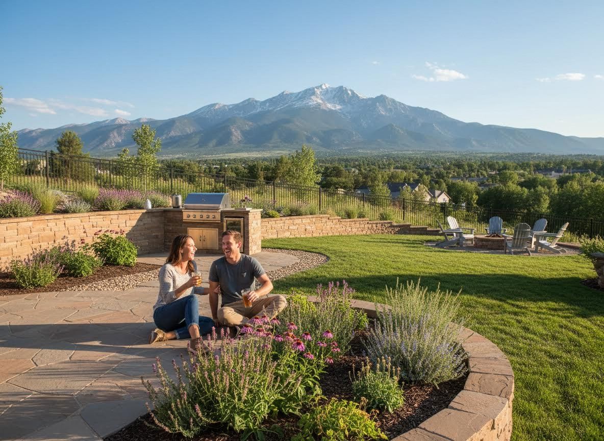 Couple enjoying a backyard patio with mountain views and an outdoor kitchen