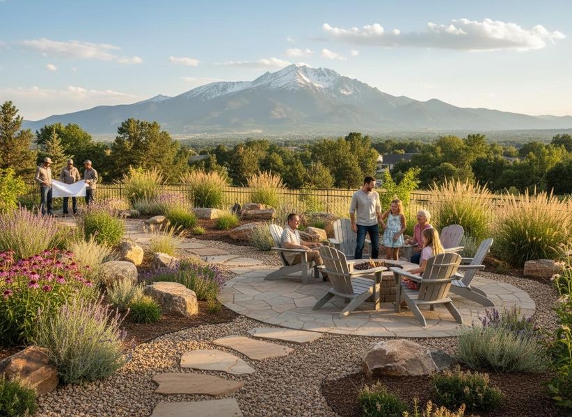 A family relaxes on a custom patio with a fire pit and mountain view, while landscapers review plans nearby. Custom Patio Design with Fire Pit and Mountain Vista