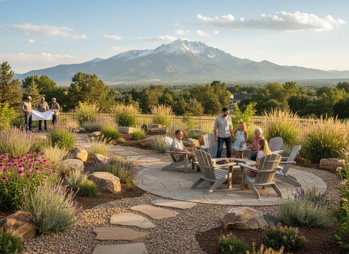 A family relaxes on a custom patio with a fire pit and mountain view, while landscapers review plans nearby. Custom Patio Design with Fire Pit and Mountain Vista