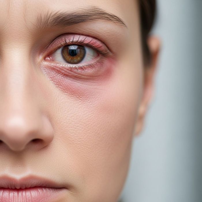 a patient's face showing one eye that is red and swollen