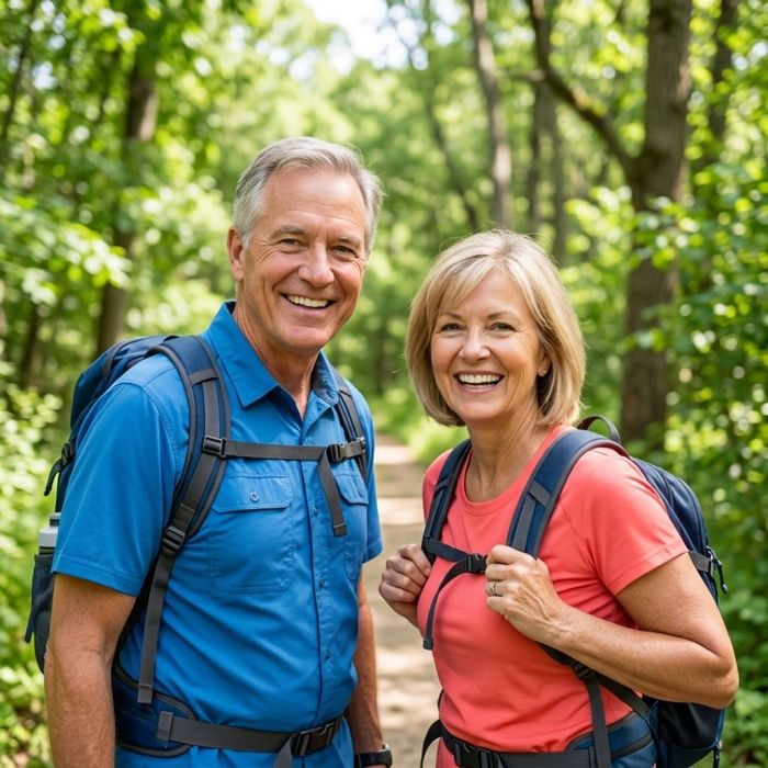 A happy older couple hiking outdoors in a sunny green park, representing clear vision and an active lifestyle.