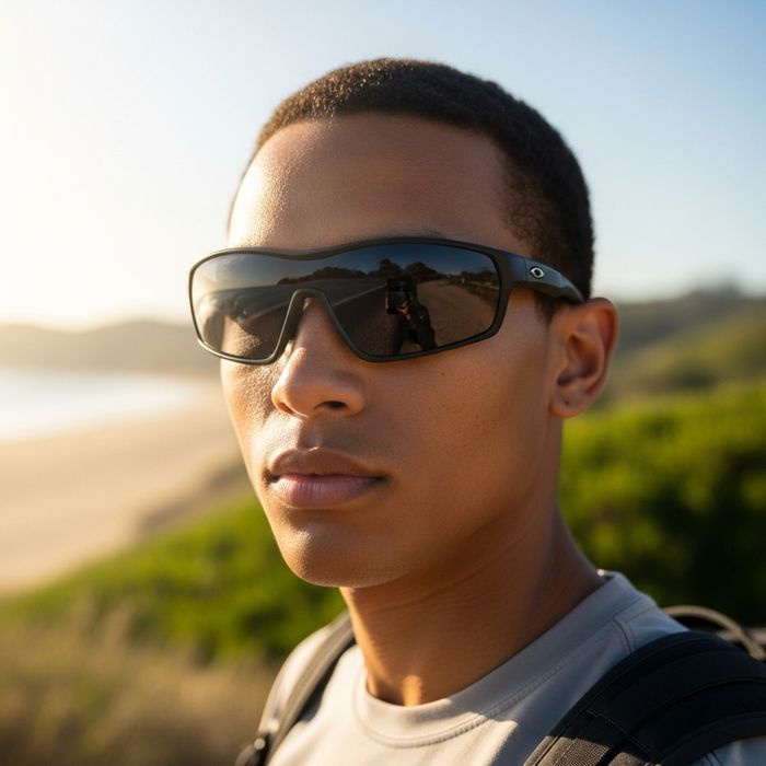 A person wearing large, protective sunglasses while outdoors on a sunny day to shield their eyes during recovery.