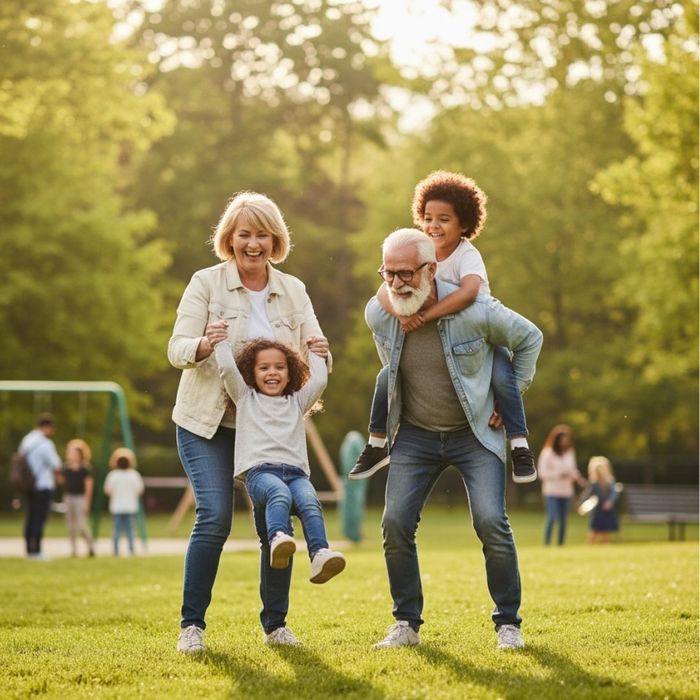 A joyous grandmother swings her granddaughter as a grandfather gives his grandson a piggyback ride in a sunny park. A joyous grandmother swings her granddaughter as a grandfather gives his grandson a piggyback ride in a sunny park.