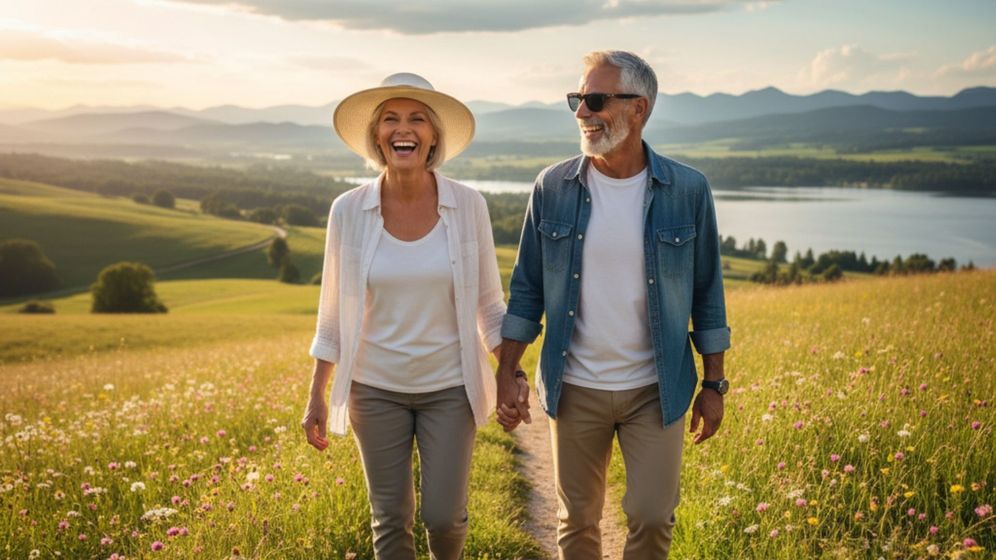 A cheerful senior couple walks hand-in-hand along a path in a sunlit meadow with hills and a lake in the background. A cheerful senior couple walks hand-in-hand along a path in a sunlit meadow with hills and a lake in the background.