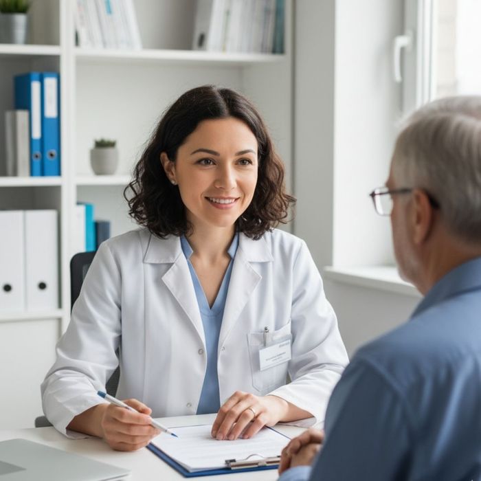 A smiling female doctor in a white lab coat holds a pen and points to a document while speaking with a senior male patient. A smiling female doctor in a white lab coat holds a pen and points to a document while speaking with a senior male patient.