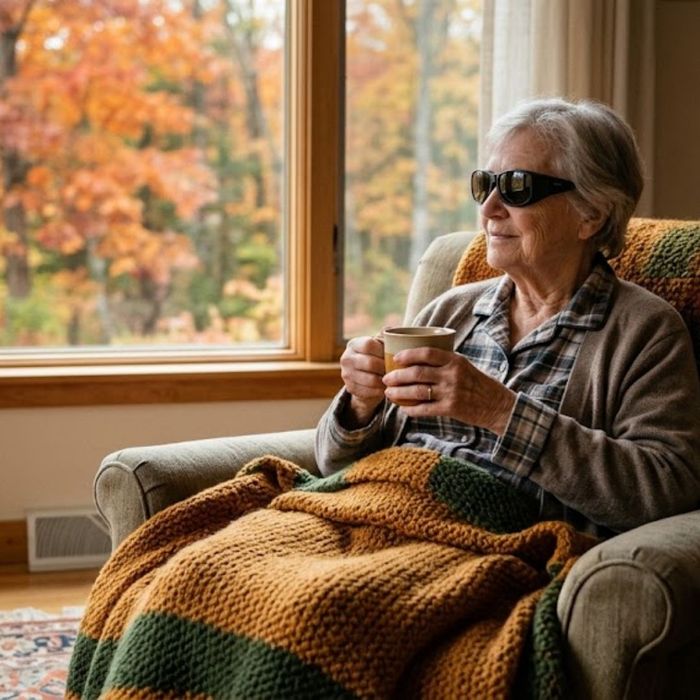 Senior woman holding mug sitting by a window