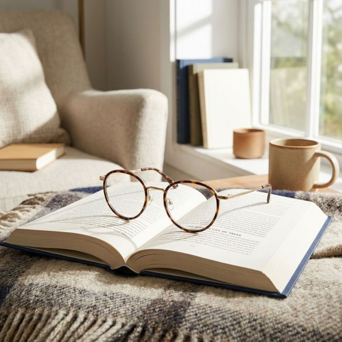A modern pair of stylish prescription eyeglasses resting neatly on an open book in a comfortable reading environment.