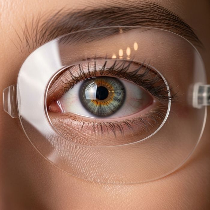 A close-up of a person's eye with a protective shield over it, signifying immediate post-operative care after cataract surgery.