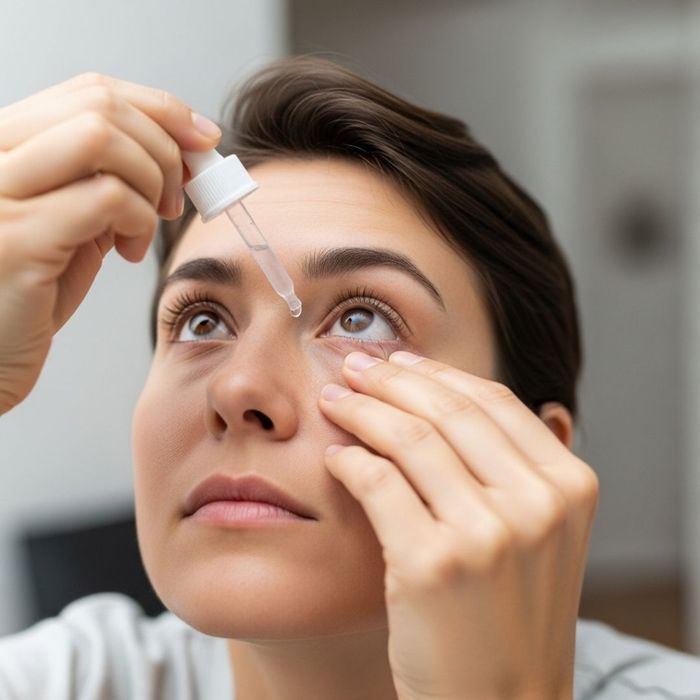 a person with their head tilted back, carefully applying antibiotic eye drops to their eye as part of post-operative care