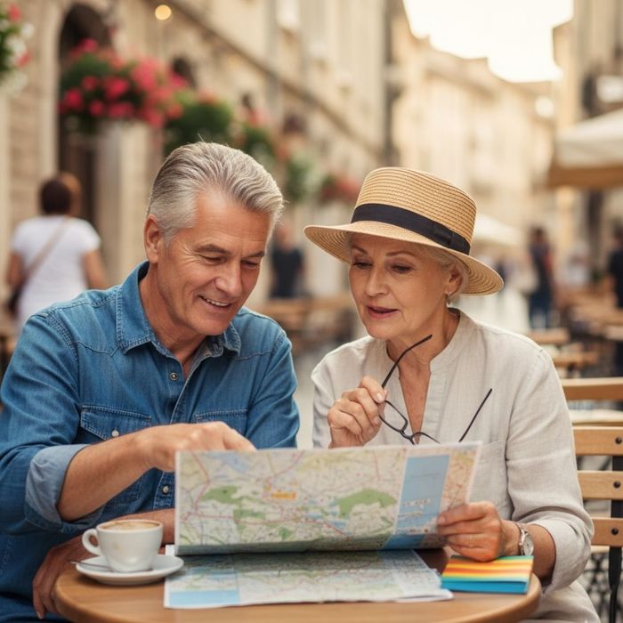 A senior couple, smiling and engaged, studies a map together at an outdoor cafe table with a coffee and small notebooks. A senior couple, smiling and engaged, studies a map together at an outdoor cafe table with a coffee and small notebooks.