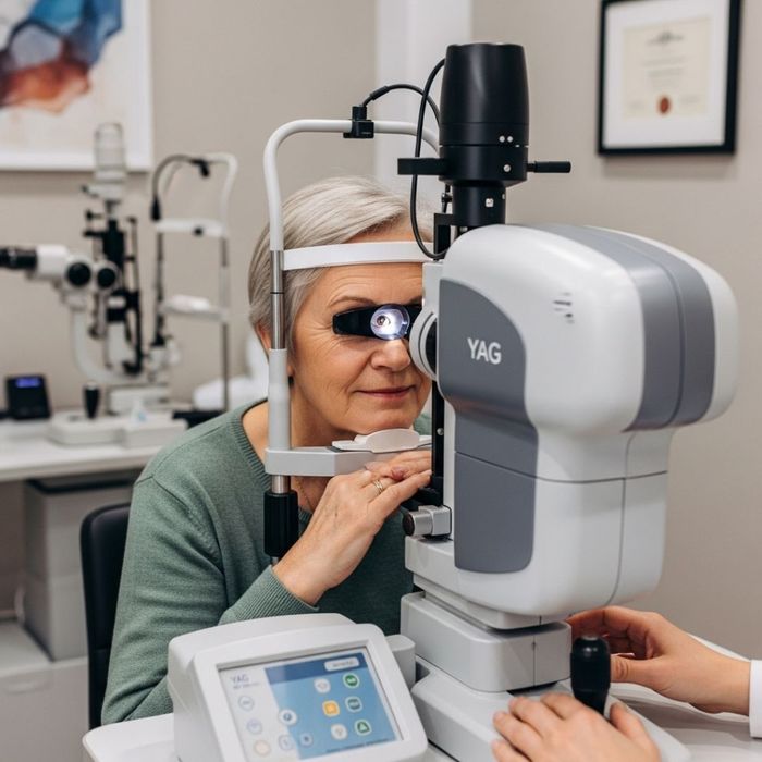a calm senior patient undergoing a YAG laser procedure in an ophthalmologist's office to correct PCO