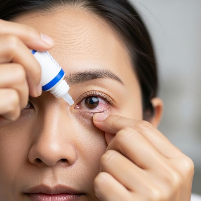 A person's hand carefully administering prescription eye drops into an eye, an essential part of post-operative medication.
