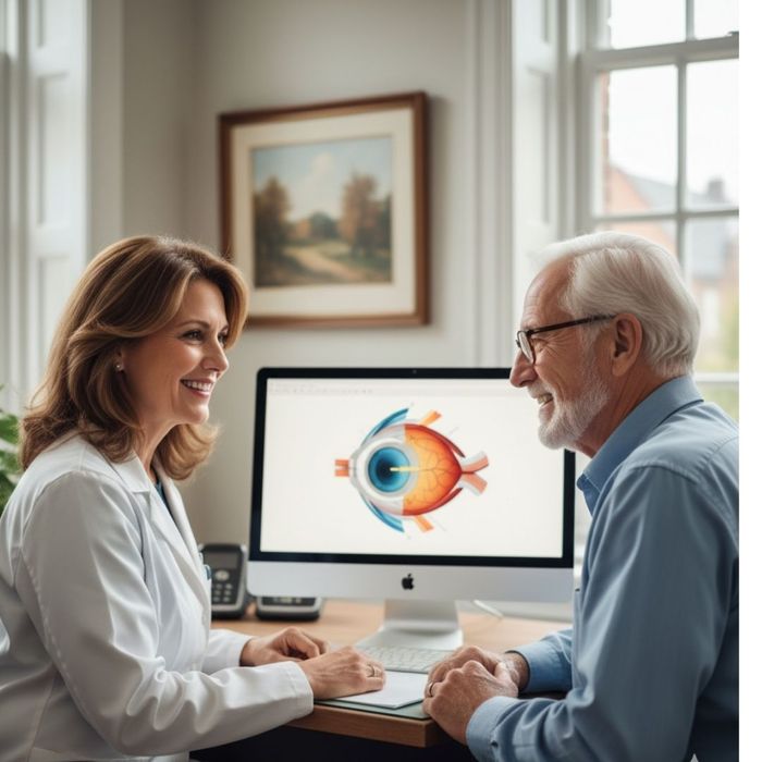 A female ophthalmologist in a white lab coat smiles at a senior male patient across a desk with a computer displaying an eye diagram. A female ophthalmologist in a white lab coat smiles at a senior male patient across a desk with a computer displaying an eye diagram.
