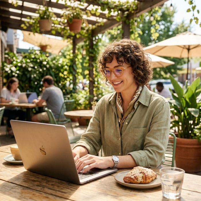 A professional wearing glasses working comfortably on a laptop at a sunlit cafe table, showing relaxed and clear vision.