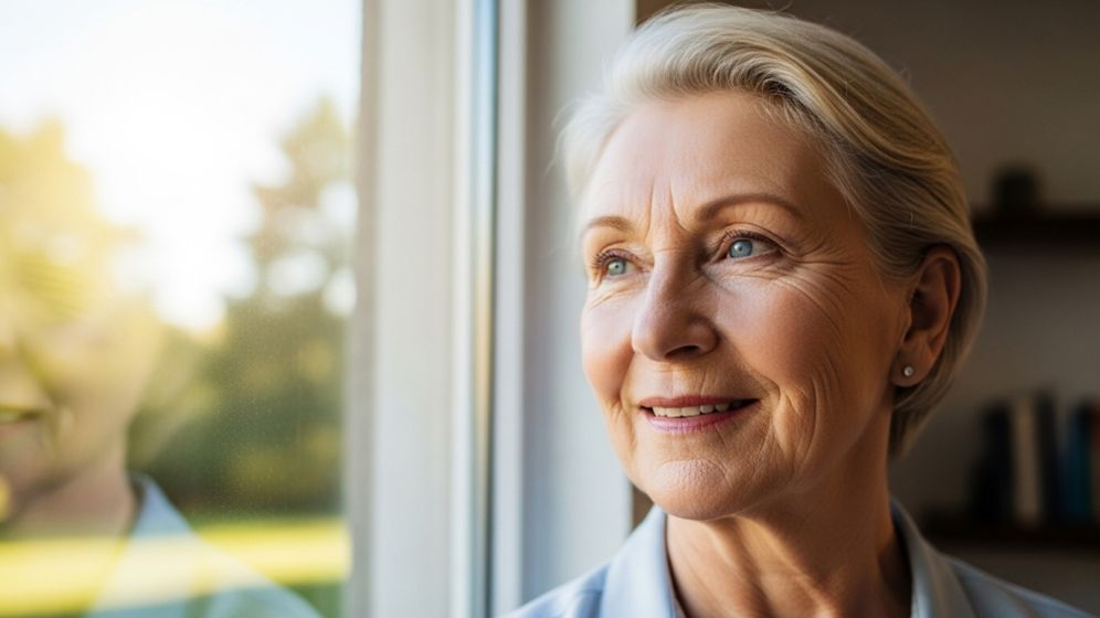 A calm and reassuring image of a senior person resting comfortably at home, with soft light coming through a window, signifying a peaceful recovery after eye surgery.