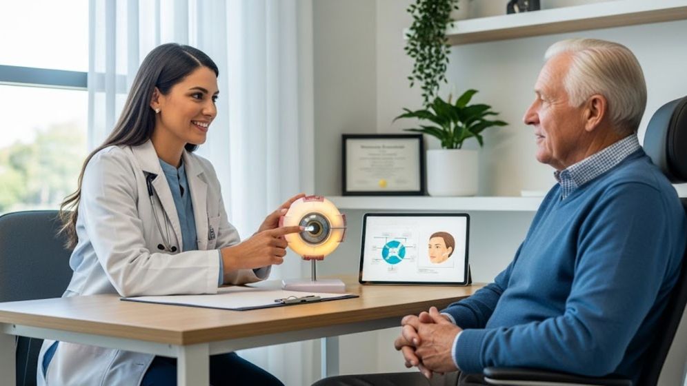 a compassionate ophthalmologist discusses cataract surgery options with a senior patient in a bright, modern clinic