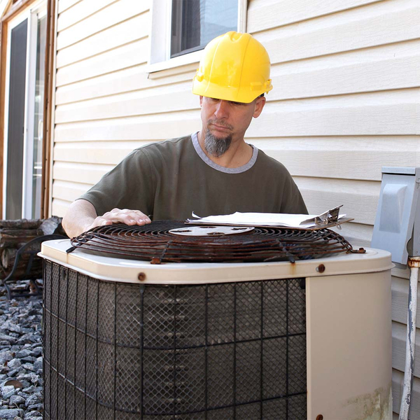 technician working on AC unit outside of home