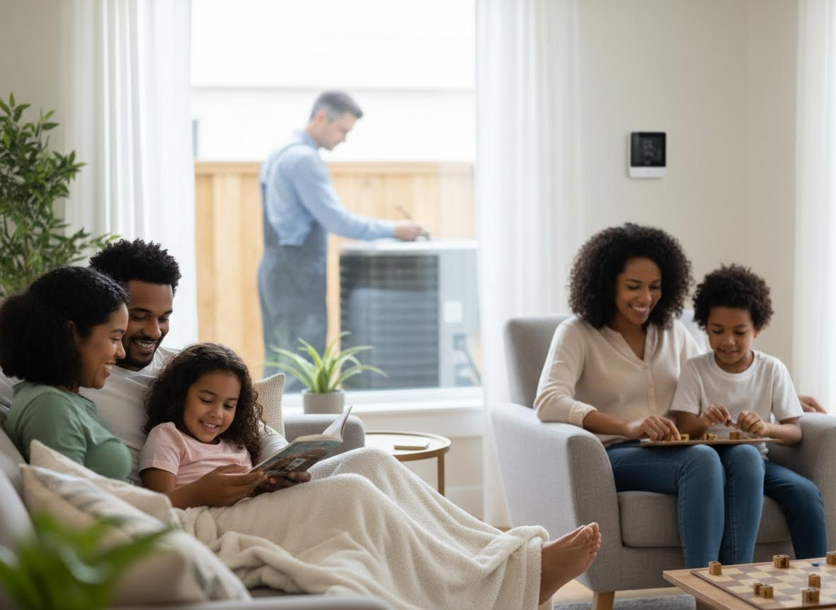Family enjoying home comfort while HVAC technician works outside