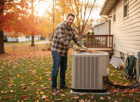 Man cleaning outdoor AC unit in autumn