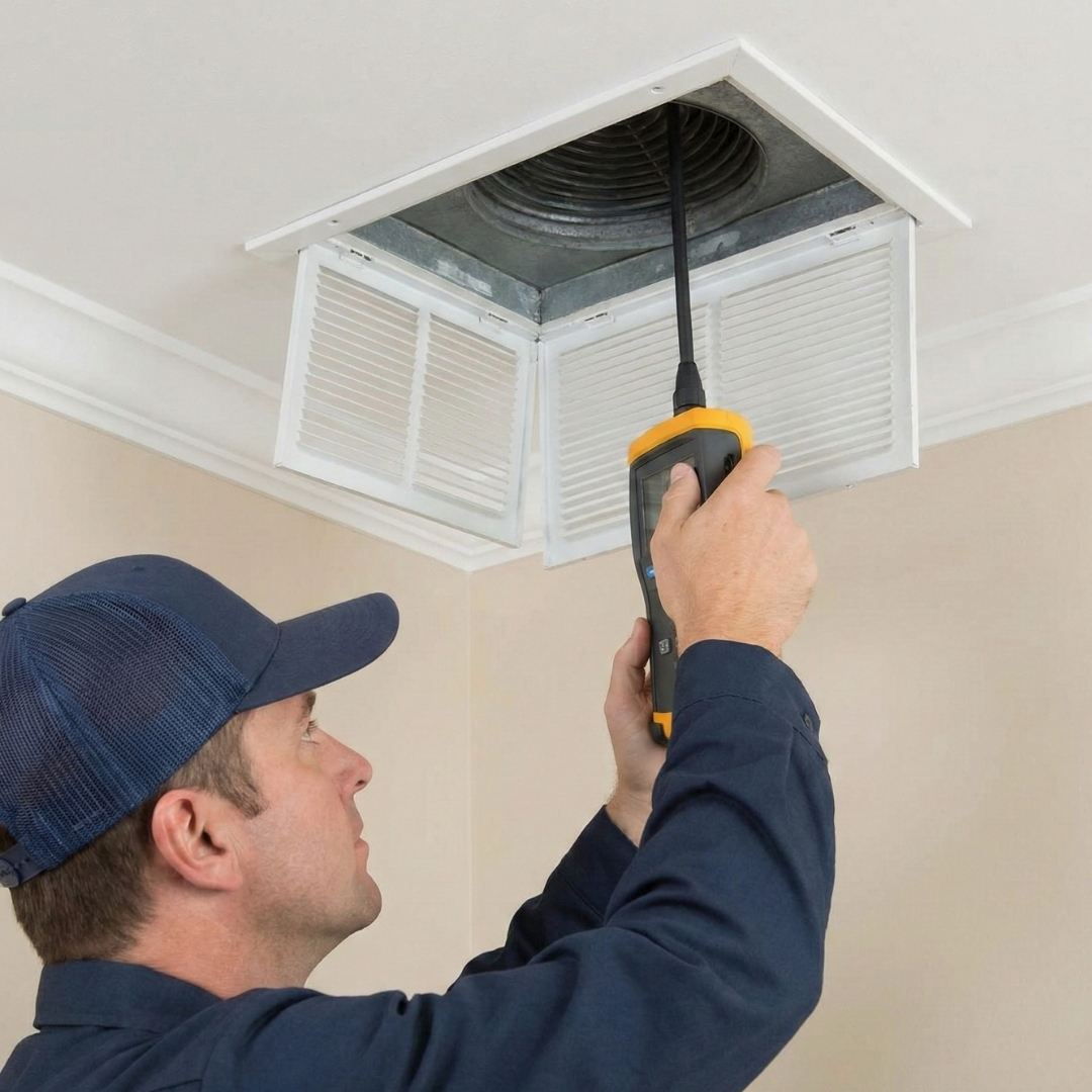 HVAC technician inspecting a ceiling vent register