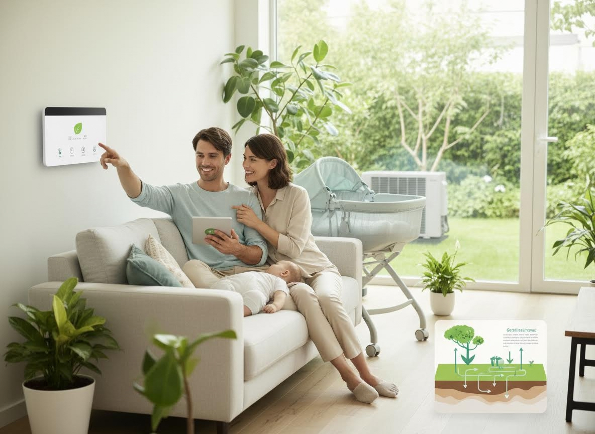 Parents with their baby on a couch interact with a wall-mounted smart home control panel featuring a leaf icon. A lush garden is outside. Family using smart home climate control in an eco-friendly living room