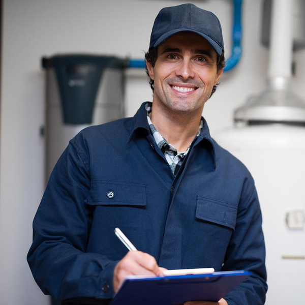 smiling hvac tech holding a clipboard