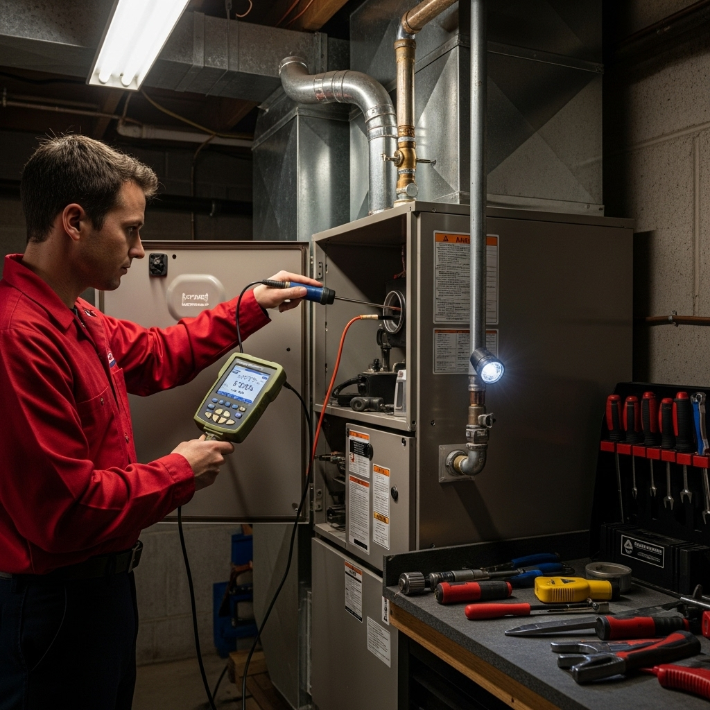 A professional HVAC technician uses a digital combustion analyzer to test a residential gas furnace for safe operation and carbon monoxide.