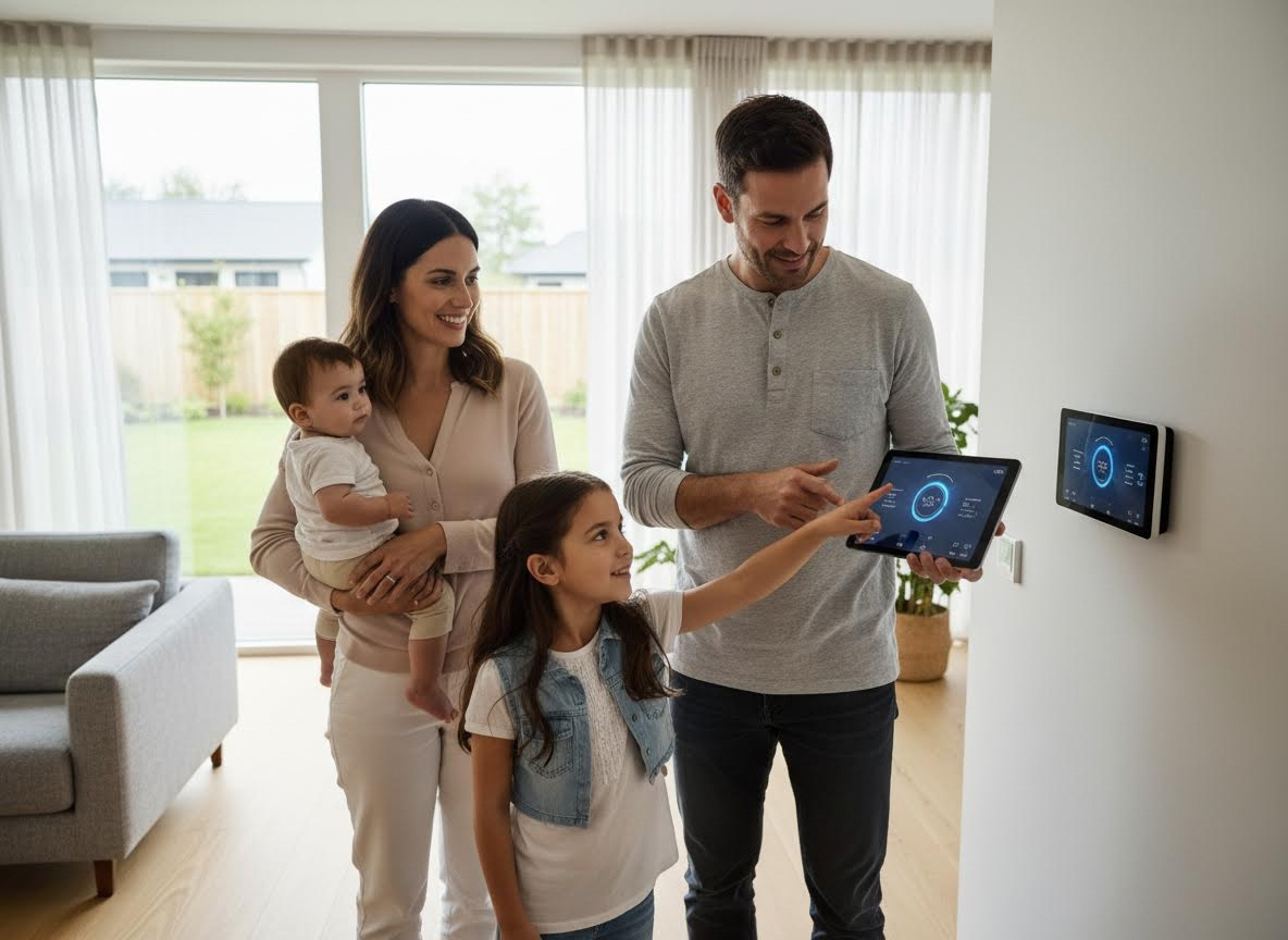 A father holds a tablet with smart home controls, and his daughter points to it. The mother holds a baby, standing next to a wall-mounted smart screen in a bright, modern home. Family Using Smart Home Technology in a Modern Home