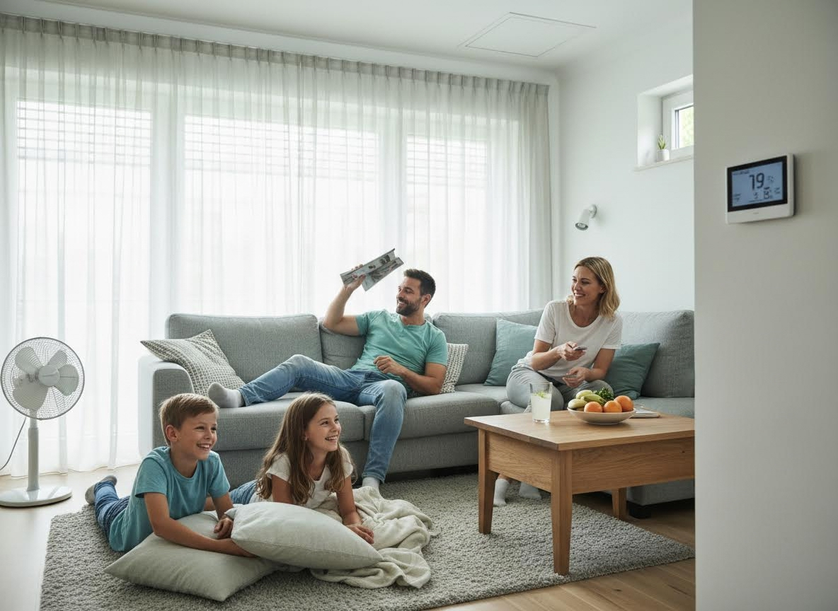 Family relaxing in a cool living room