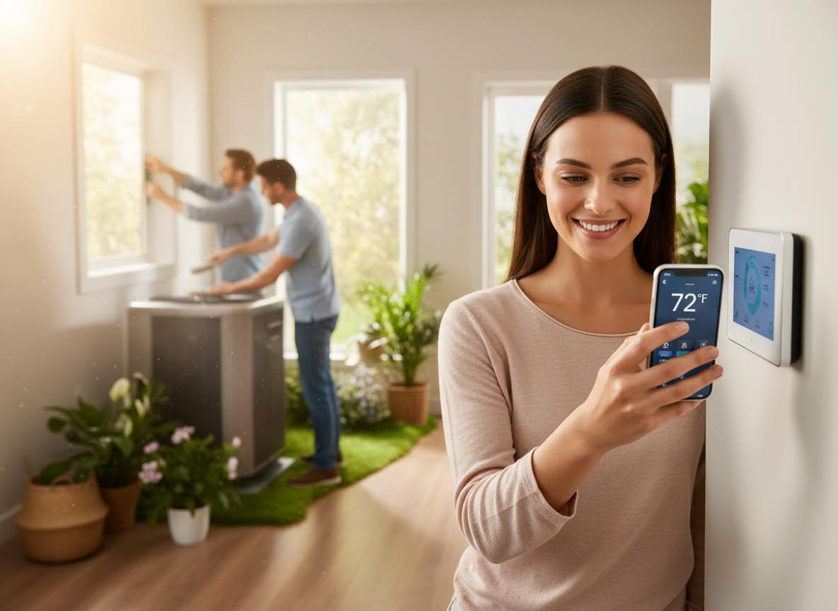 Woman controlling smart thermostat with phone app