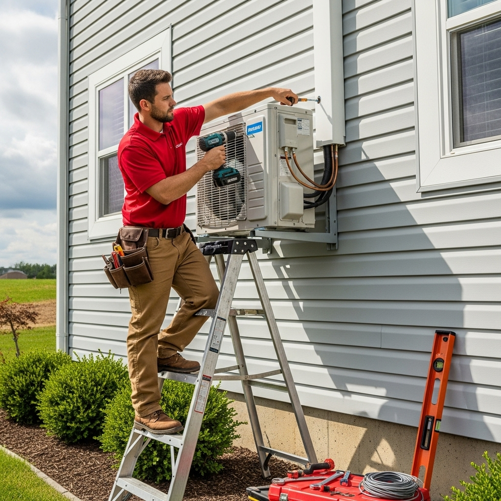 An HVAC technician in a blue uniform is installing a ductless mini-split outdoor compressor unit on the side of a house.