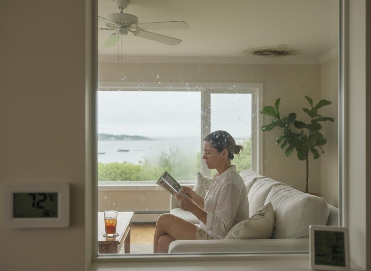Woman reading on sofa with ceiling water damage and ocean view through rainy window