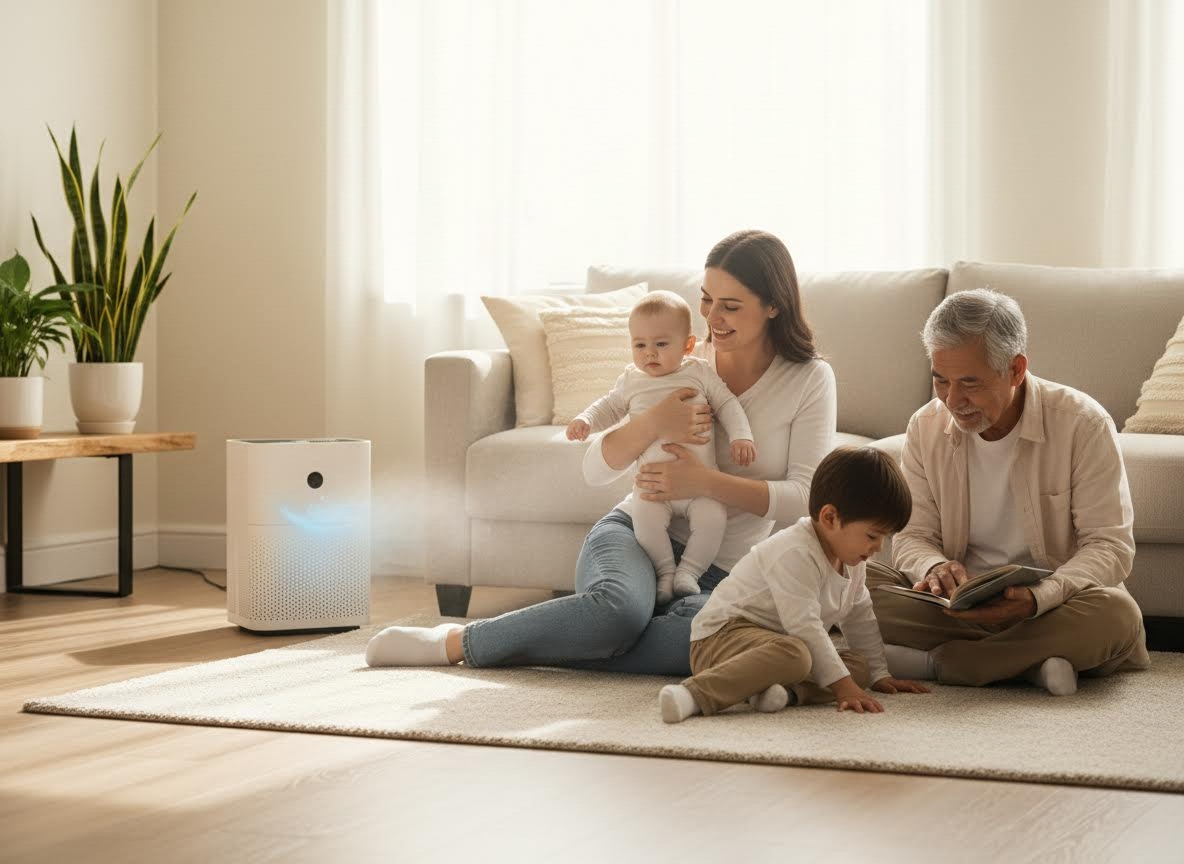 A multi-generational family (mother, baby, boy, elder reading) relaxes in a sunlit living room with an air purifier working. Family enjoying clean air at home with air purifier