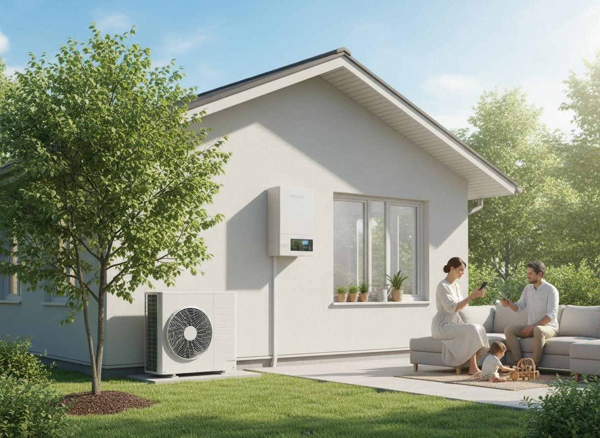 A family relaxes on a patio next to a house with an outdoor heat pump and smart energy management system on a sunny day. Family enjoying backyard with modern heat pump and smart energy system