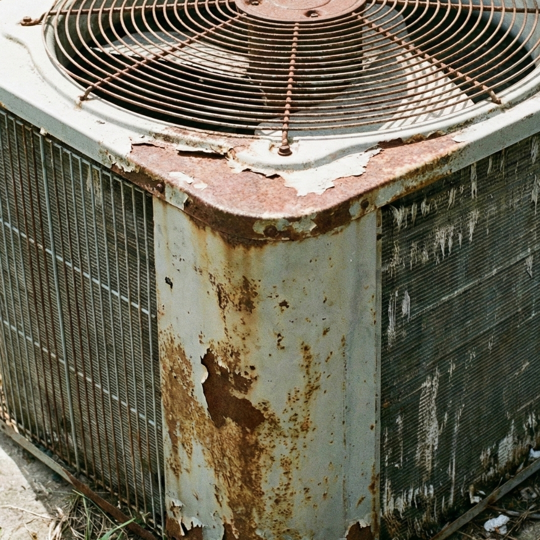 weathered residential air conditioning condenser unit with visible rust on the casing