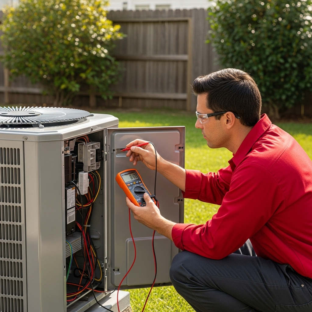 An HVAC technician uses a digital multimeter to measure voltage and amperage on the electrical panel of an outdoor air conditioning condenser.